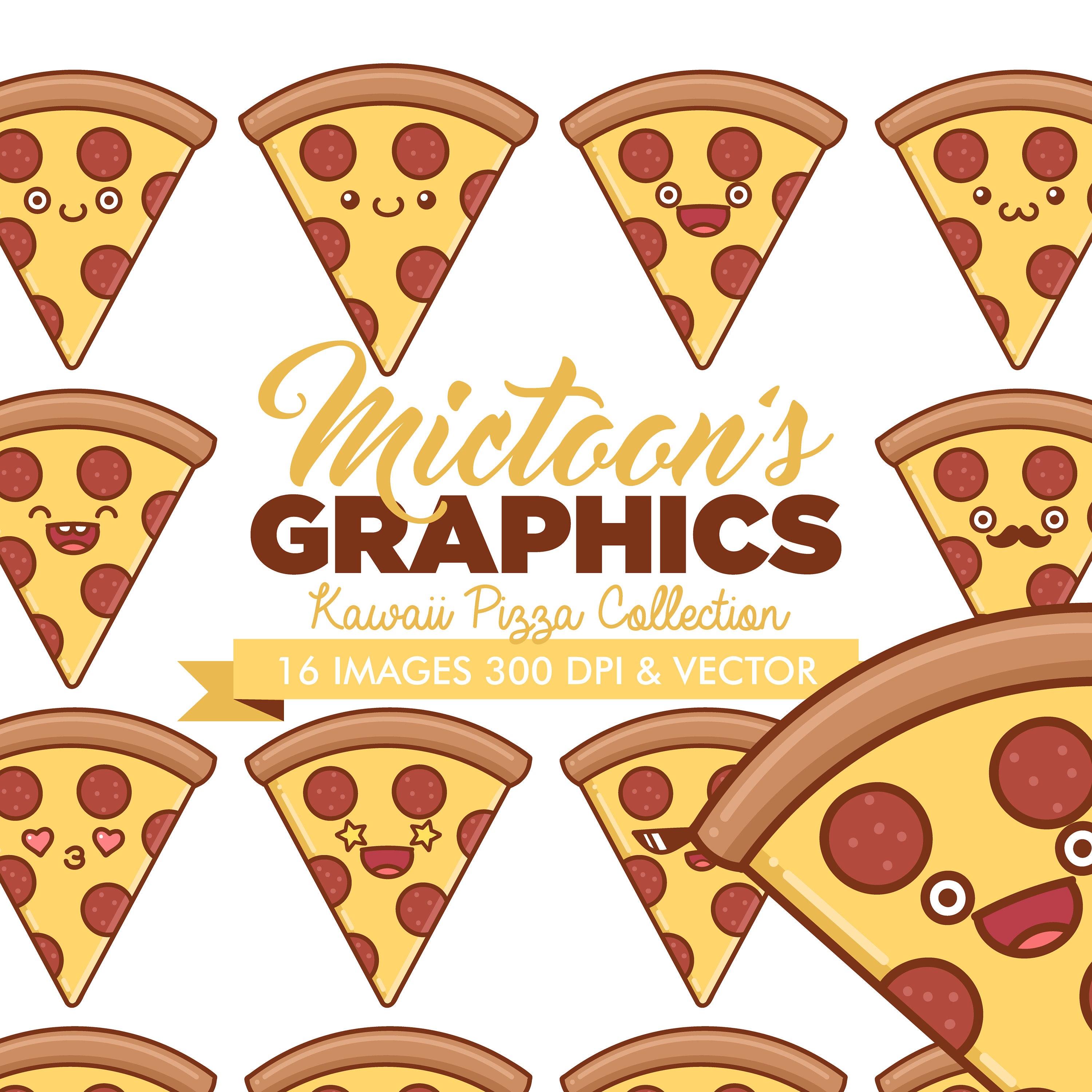 Kawaii Pizza Emoji Clipart Cute Pizza Design PNG Vector Pizza Cartoon Digital Illustrations