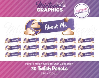 30x Twitch Moon Panels / Streamer Graphics / Aesthetic / Purple / Clouds / Crescent