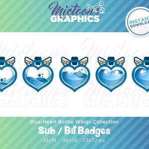 May include: Set of four blue heart bottle wings Twitch sub and bit badges in four sizes: 18x18, 36x36, and 72x72 pixels.