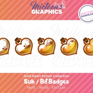 May include: Set of four gold heart potion badges in different sizes. The badges are 18x18, 36x36, and 72x72 pixels. The badges are designed for Twitch subscribers and bit badges.