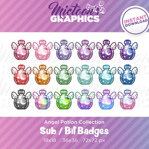 May include: A set of 18 digital badges featuring a potion bottle with wings. The bottles are in various colors, including pink, purple, blue, green, orange, and red. The badges are available in three sizes: 18x18 pixels, 36x36 pixels, and 72x72 pixels.