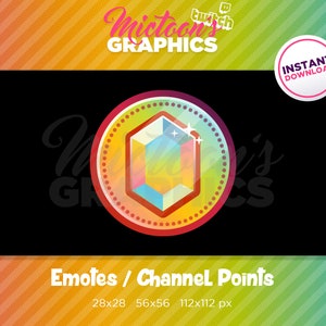 May include: A colorful, geometric gem icon with a yellow, orange, red, blue, and green gradient. The icon is surrounded by a red circle with a dotted border. The text "Emotes / Channel Points" is below the icon, with the sizes "28x28", "56x56", and "112x112 px" listed below the text.