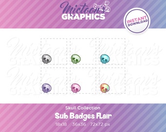Può includere: Set di sei badge di sub a forma di teschio in diversi colori, tra cui grigio, verde, blu, viola, rosa e giallo. I badge sono progettati per Twitch e sono disponibili in tre dimensioni: 18x18 pixel, 36x36 pixel e 72x72 pixel.