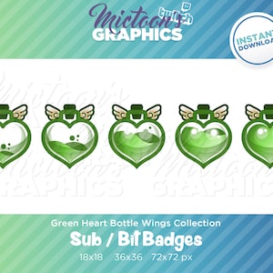 May include: Set of five green heart-shaped bottle sub badges with wings. The badges are in different sizes: 18x18, 36x36, and 72x72 pixels.