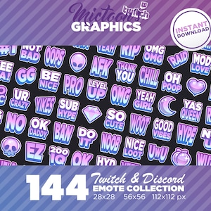 144 x Twitch Emotes / Mega Bundle Collection / Text / Streamer Graphics / Discord / Gamer / Aesthetic / Pack