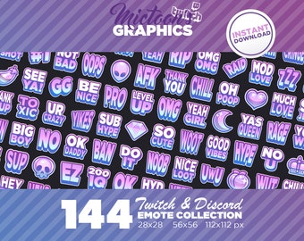 144 x Twitch Emotes / Mega Bundle Collection / Text / Streamer Graphics / Discord / Gamer / Aesthetic / Pack