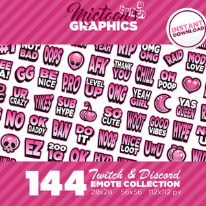 144 x Twitch Emotes / Mega Bundle Collection / Texte / Streamer Graphics / Discord / Gamer / Esthétique / Rose / Pack