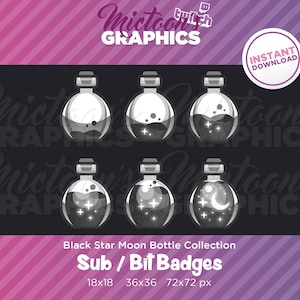 May include: A set of six black and white potion bottle badges with different designs. The bottles have a black star, a crescent moon, or both. The badges are available in three sizes: 18x18 pixels, 36x36 pixels, and 72x72 pixels.