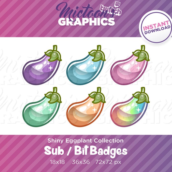 Collection d’aubergines Twitch / Badges Sub / Badges Cheer Bit / Graphiques Streamer / Kawaii / Pastel / Discord / Gamer