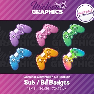 Op de afbeelding: Collectie van zes kleurrijke gamecontroller-ontwerpen in paars, roze, groen, blauw, oranje en een verloop. De afbeelding bevat de tekst "Gaming Controller Collection Sub / Bit Badges" en "Instant Download".