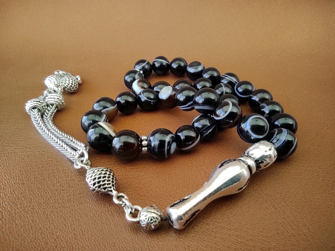 Turkish Islamic 33 Prayer Beads, Tesbih, Black Eye Agate Beads, Tasbih