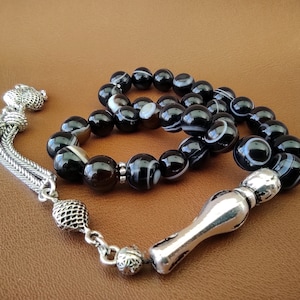 Black Eye Agate Prayer Beads: Turkish Islamic Tasbih, 33 Beads