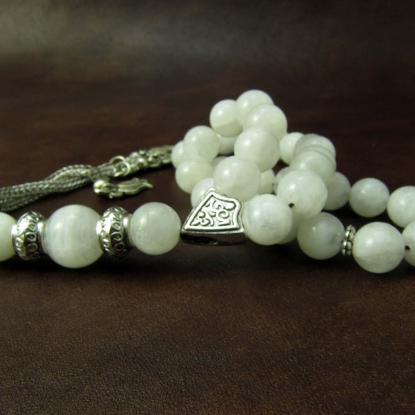 Turkish Islamic 33 Prayer Beads, Tesbih, White Moonstone Beads, Tasbih, Misbaha, Sufi, Worry Beads,