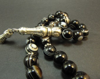 Turkish Islamic 33 Prayer Beads, Tesbih, Black Eye Agate Beads, Tasbih, Misbaha, Sufi, Worry Beads ,