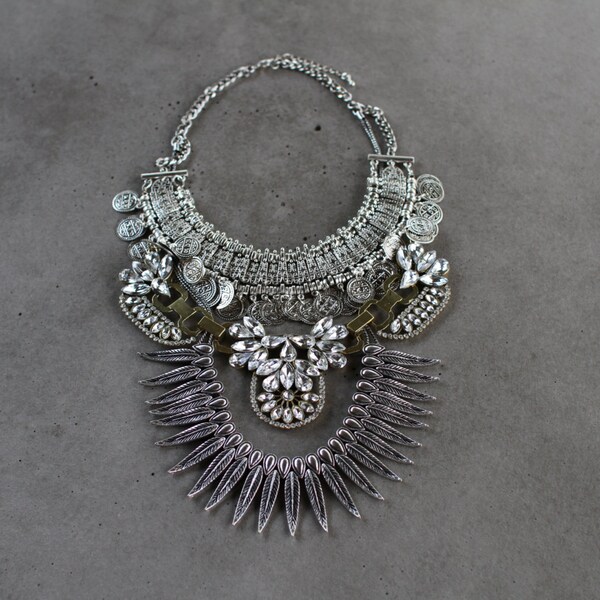Handcrafted Statement Necklace: Silver and bronze crystal layered & stacked rhinestone ethnic bohemian necklace