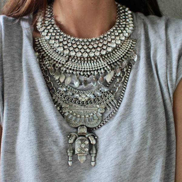 LAST ONE! CLOSING sale! Statement Necklace - Handcrafted: Judah. Silver & clear crystal layered ethnic bohemian necklace