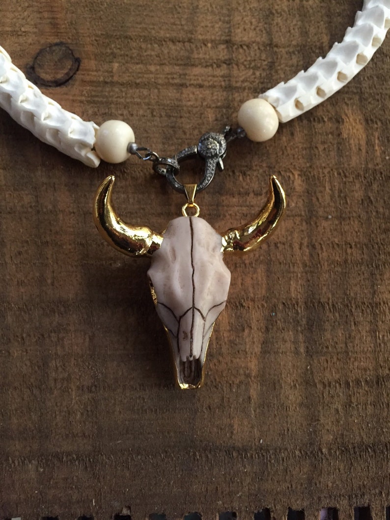 Longhorn snake vertebrae necklace with pave diamond clasp image 3