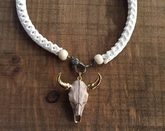 Longhorn snake vertebrae necklace with pave diamond clasp