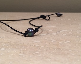 Leather and pearl necklace, Single Tahitian Pearl and Leather Necklace