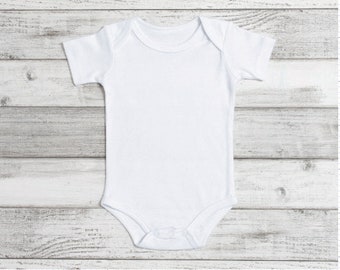 May include: A white baby onesie with short sleeves and a snap closure at the bottom.