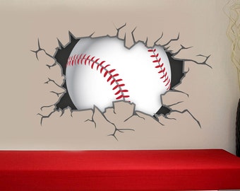 Baseball Breaking Through, bursting, shattering the wall decal for boys or girls room. (Removable Wall Decal)