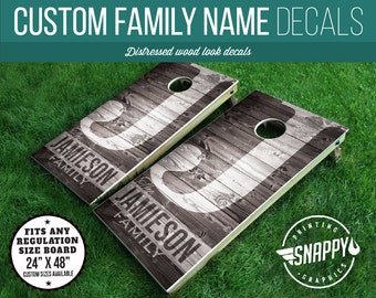 Monogrammed Cornhole Decal - Distressed Wood Look, Rustic - PAIR - Vinyl Decal Cornhole Wrap - Monogram Cornhole, Reunions, Wedding Cornhole