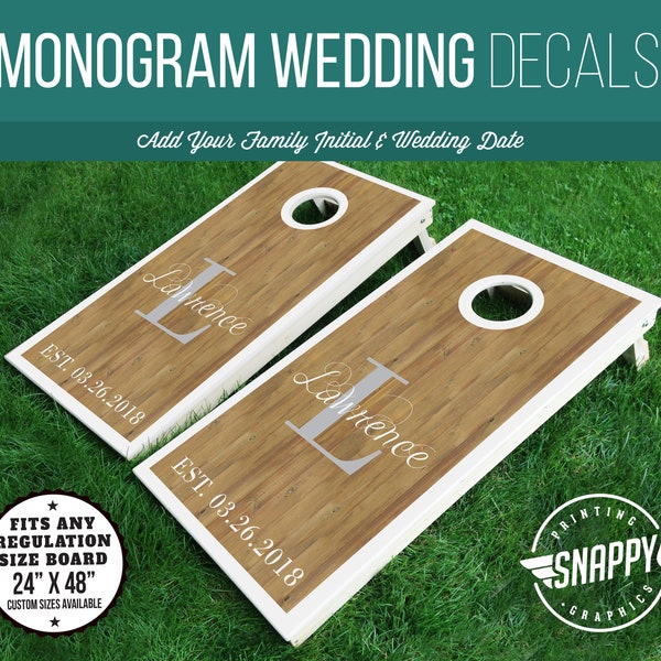 Monogramme personnalisé et date Mariage Cornhole Décalcomanies, Sacs à Band Toss Board Wraps, Pour les mariés, Faux Wood Look - Paire - Mariage