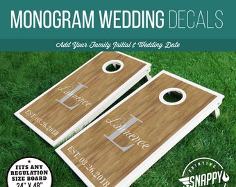 Personalized Monogram and Date Wedding Cornhole Decals, Bag Toss Board Wraps, For Bride & Groom, Faux Wood Look - Pair - Wedding