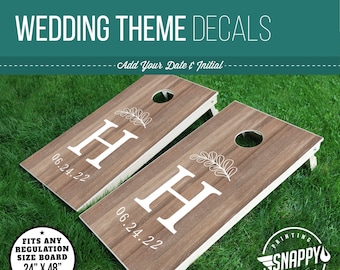 Wedding Cornhole Decals – Leaf Monogram, Faux Wood, Personalized