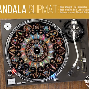Mandala Print Turntable Slipmat - 12&quot; LP Record Player, DJ Slipmat- 16oz Felt w/ Glazed Bottom
