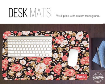 Floral Pattern Desk Mat w/ Custom Monogram - 4 Patterns - 3 Sizes - High Quality Digital Print, Dye Sublimation - Hand Washable