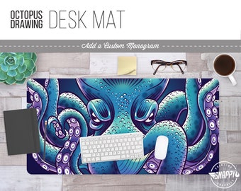 Octopus Drawing Print w/ Custom Monogram - 3 Sizes - High Quality Digital Print, Dye Sublimation - Hand Washable