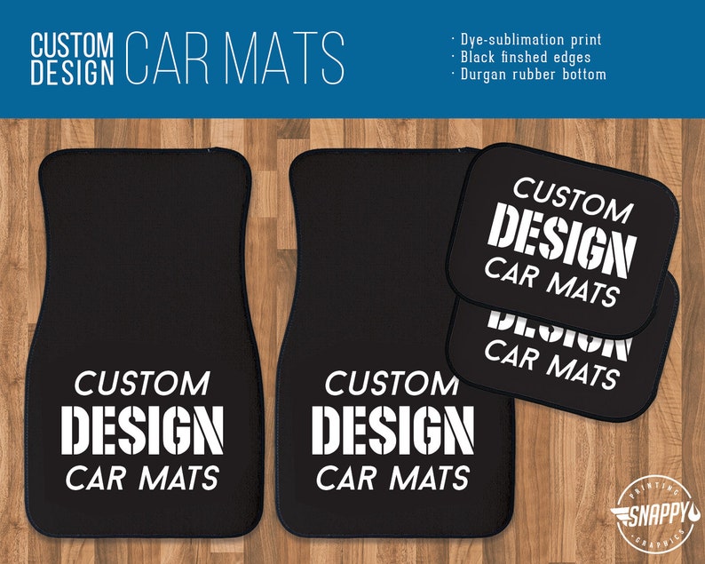Puede incluir: Alfombrillas de coche personalizadas negras con texto blanco que dice "CUSTOM DESIGN CAR MATS".