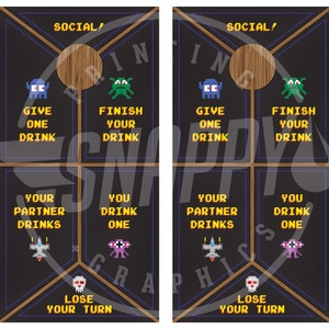 May include: A printable game board with a black background and a brown wooden frame. The board is divided into four sections, each with a different game instruction. The instructions are "Give one drink", "Finish your drink", "Your partner drinks", and "You drink one". The board also includes a skull and crossbones symbol, which represents losing your turn.
