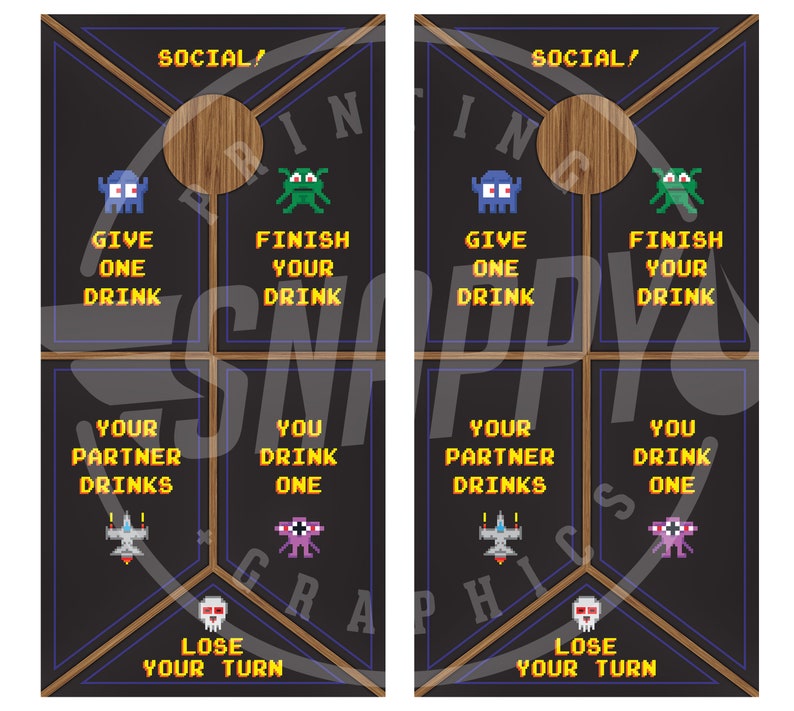 May include: A printable game board with a black background and a brown wooden frame. The board is divided into four sections, each with a different game instruction. The instructions are "Give one drink", "Finish your drink", "Your partner drinks", and "You drink one". The board also includes a skull and crossbones symbol, which represents losing your turn.