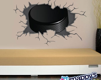 Hockey Puck Breaking Through, bursting, shattering the wall decal for boys or girls room. (Removable Wall Decal)