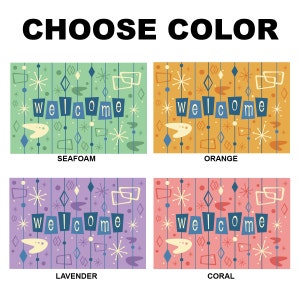May include: Four welcome doormats with a retro mid-century modern design. The doormats are available in seafoam green, orange, lavender, and coral.
