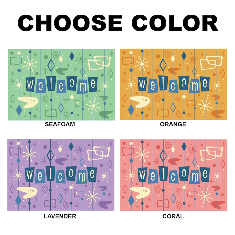 May include: Four welcome doormats with a retro mid-century modern design. The doormats are available in seafoam green, orange, lavender, and coral.