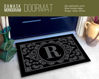 Initial Monogram Damask Welcome Mat/Doormat/Rug - 24" x 36" - High Quality Digital Print, Dye-Sublimation, Weatherproof - Indoor/Outdoor