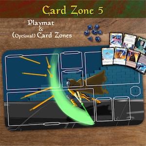 May include: A rectangular playmat with the text "Card Zone 5" and "Playmat & (Optional) Card Zones." The mat features a cartoon illustration of a character with a green lightsaber. Dice and trading cards are also visible.