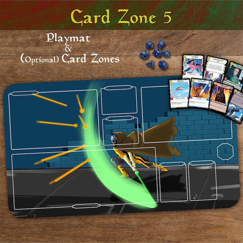 May include: A rectangular playmat with the text "Card Zone 5" and "Playmat & (Optional) Card Zones." The mat features a cartoon illustration of a character with a green lightsaber. Dice and trading cards are also visible.