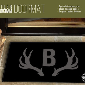 Custom Initial Antler Monogram Welcome Mat/Doormat/Rug 24 x 36 High Quality Print, Dye-Sublimation, Weatherproof Indoor/Outdoor image 1