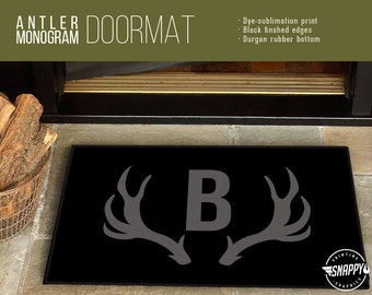 Custom Initial Antler Monogram - Welcome Mat/Doormat/Rug - 24" x 36" - High Quality Print, Dye-Sublimation, Weatherproof - Indoor/Outdoor