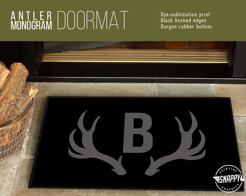 Custom Initial Antler Monogram Welcome Mat/Doormat/Rug 24 x 36 High Quality Print, Dye-Sublimation, Weatherproof Indoor/Outdoor image 1