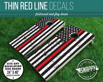 Thin Red Line American Flag Distressed Look Cornhole Decal - Bags - Vinyl Decal Cornhole Wrap