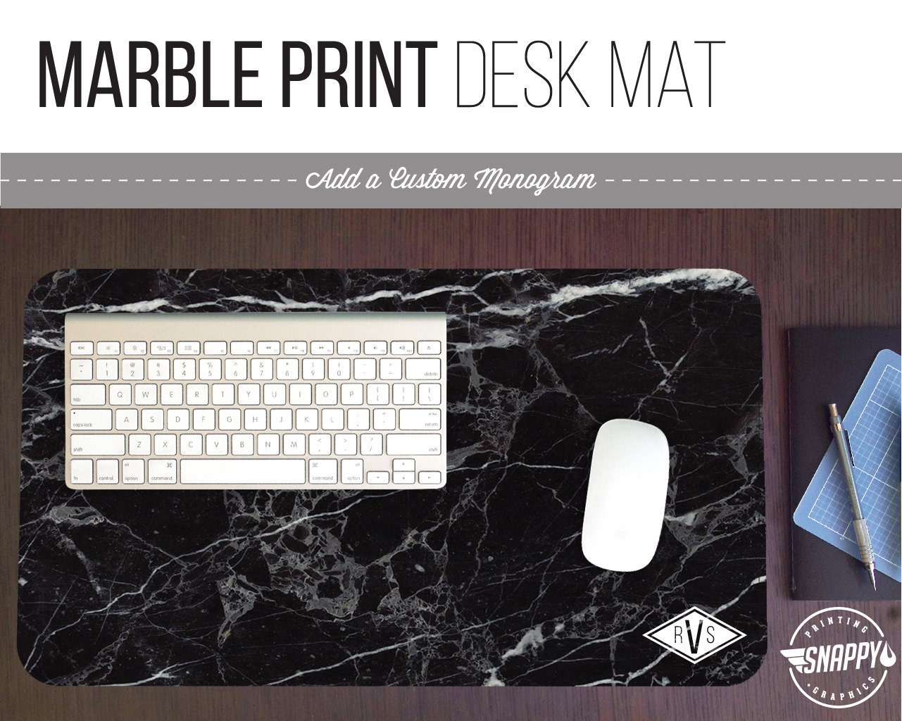 Black Marble Pattern Desk Mat w/ Custom Monogram 2 Sizes Etsy