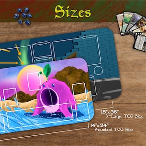 May include: Two TCG playmats with colourful artwork. One mat is 45.7cm x 91.4cm and the other is 35.6cm x 61cm. The artwork features a pink creature with a large open mouth in a water scene, and a blue brick wall design.