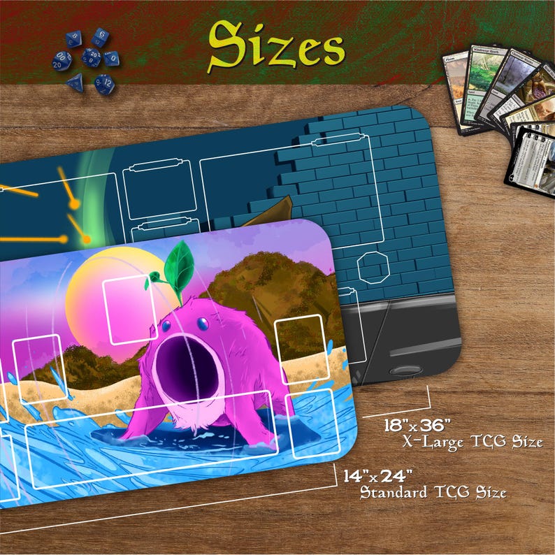 May include: Two TCG playmats with colourful artwork. One mat is 45.7cm x 91.4cm and the other is 35.6cm x 61cm. The artwork features a pink creature with a large open mouth in a water scene, and a blue brick wall design.