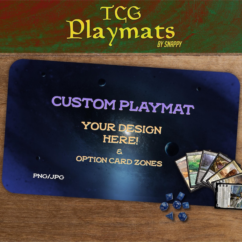 May include: A custom playmat with a dark blue galaxy design. Text reads "CUSTOM PLAYMAT" and "YOUR DESIGN HERE!". Includes a deck of cards and dice, suitable for TCG games. The playmat is designed for card games.