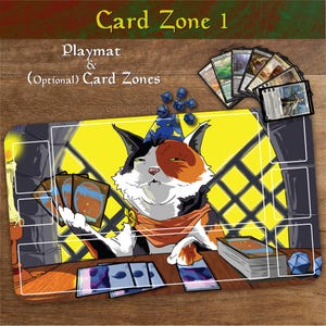 May include: A playmat with a cartoon cat wizard design, featuring the text "Card Zone 1" and "Playmat & (Optional) Card Zones." The mat has zones for cards, dice, and a stack of cards. The cat is wearing a wizard hat and scarf.